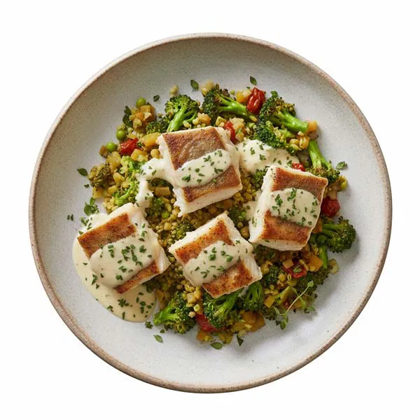 Mediterranean fish with creamy thyme sauce and roasted broccoli rice
